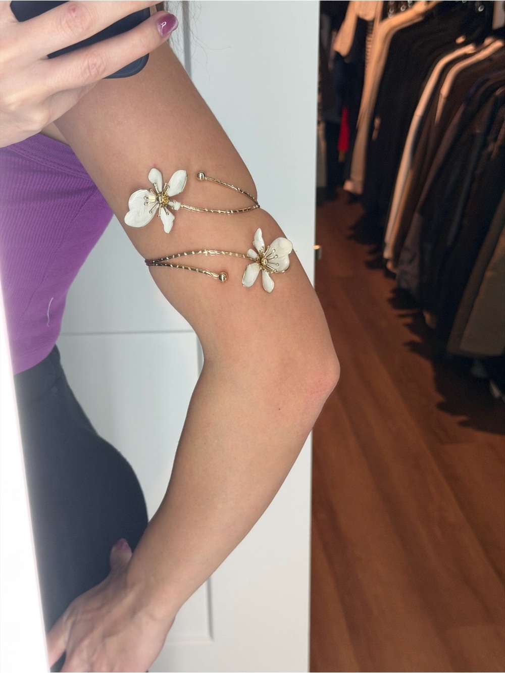 Gold Floral Wrap Arm Cuff Bracelet with White Enamel Flowers